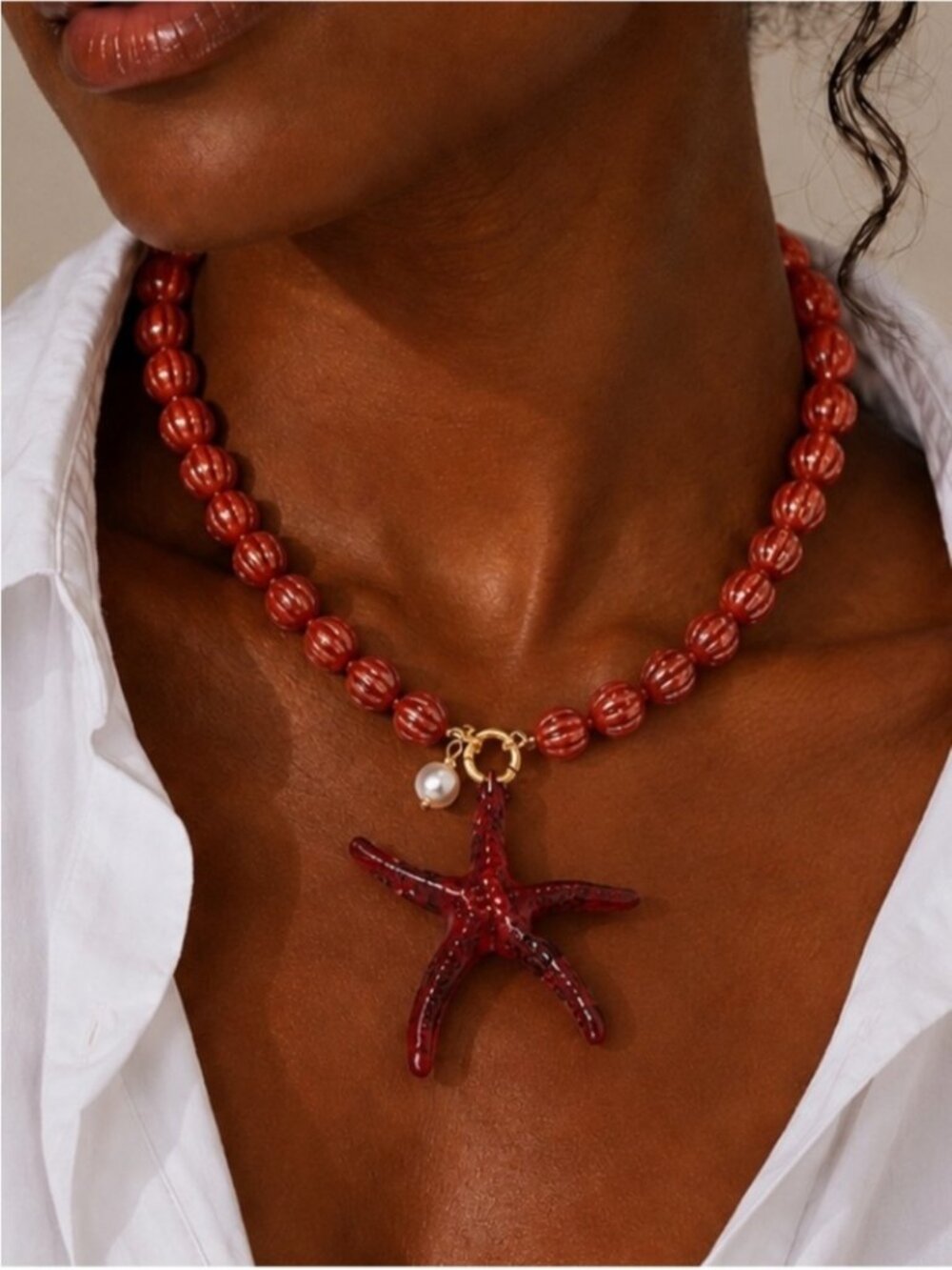 New! Coastal Red Beaded Starfish Dopamine Necklace NWOT